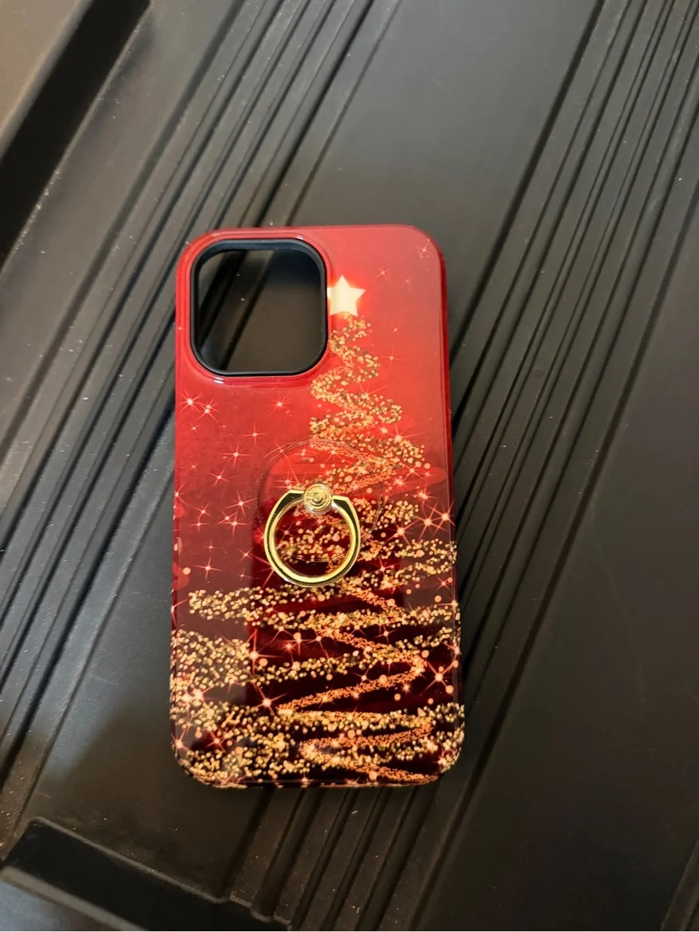 14 Pro Max Red Holiday Glitter Phone Case with Gold Ring